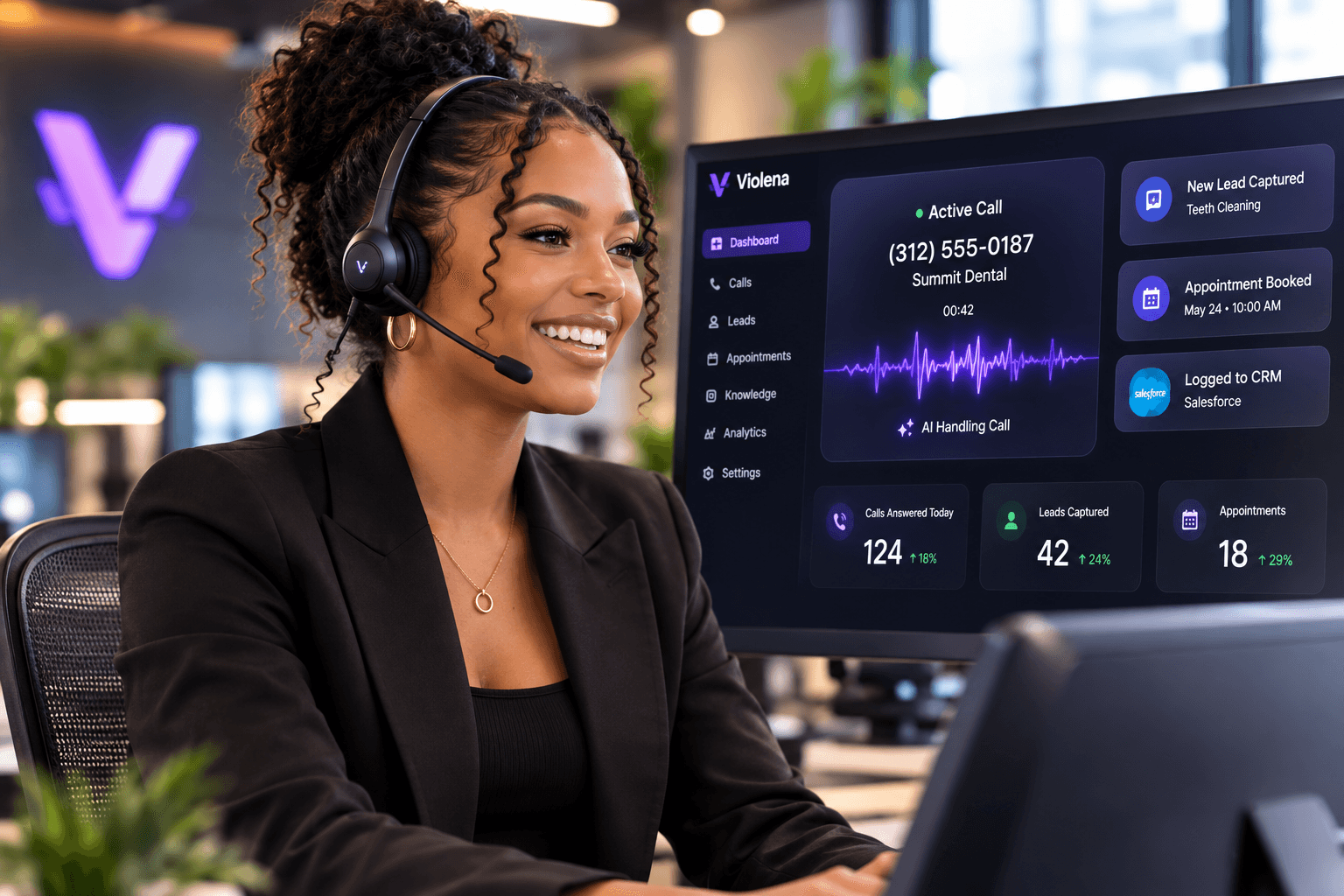 Violena AI receptionist wearing a headset beside the Violena business dashboard